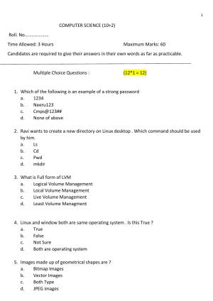 HPBOSE Class 12th Computer Science Sample Question Papers 2025