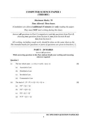 ISC Class 12 Computer Science Paper 1 Sample Paper 2023