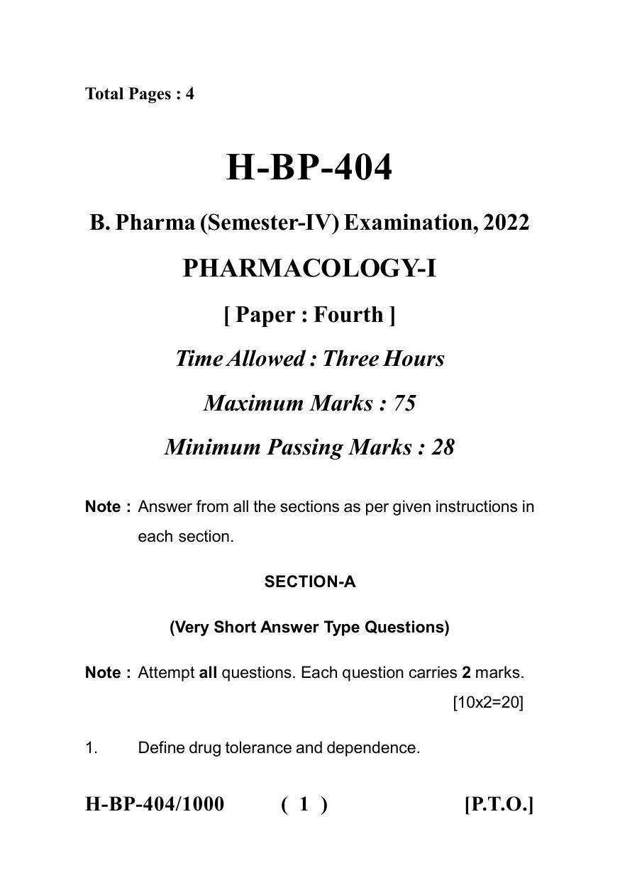 Sarguja University Question Paper July-2022 :   Bachelor Of Pharmacy(Sem.-IV) Pharmacology-I Paper 1 - Page 1