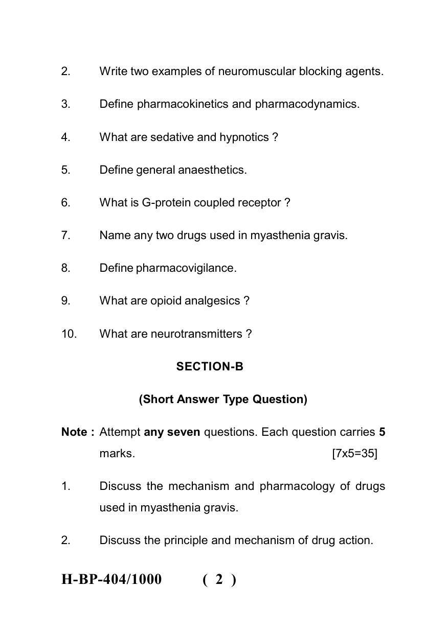 Sarguja University Question Paper July-2022 :   Bachelor Of Pharmacy(Sem.-IV) Pharmacology-I Paper 1 - Page 2
