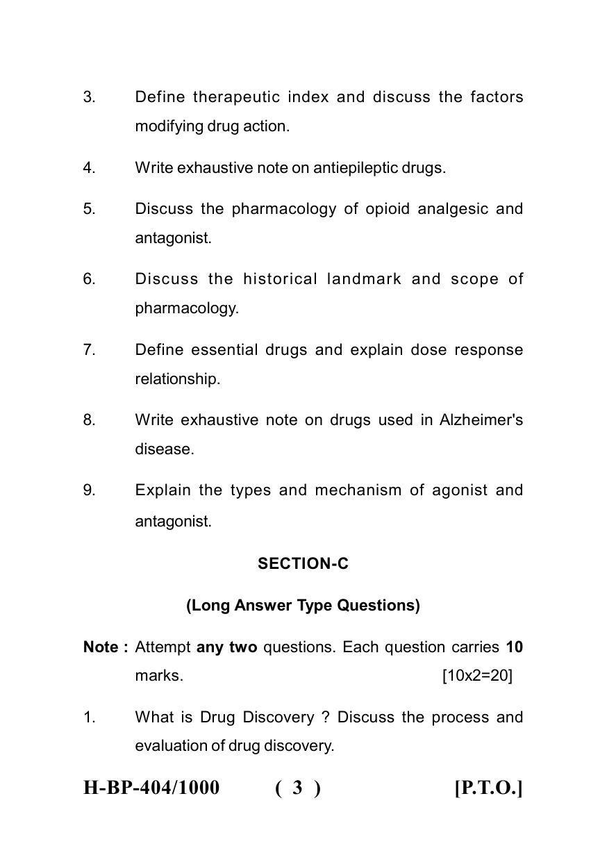 Sarguja University Question Paper July-2022 :   Bachelor Of Pharmacy(Sem.-IV) Pharmacology-I Paper 1 - Page 3