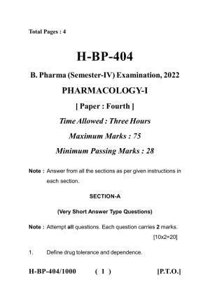 Sarguja University Question Paper July-2022 :   Bachelor Of Pharmacy(Sem.-IV) Pharmacology-I Paper 1