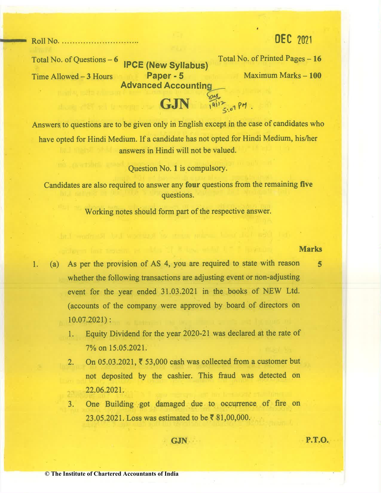 CA Inter Dec 2021 Question Paper - Paper 5 – Advanced Accounting - Page 1