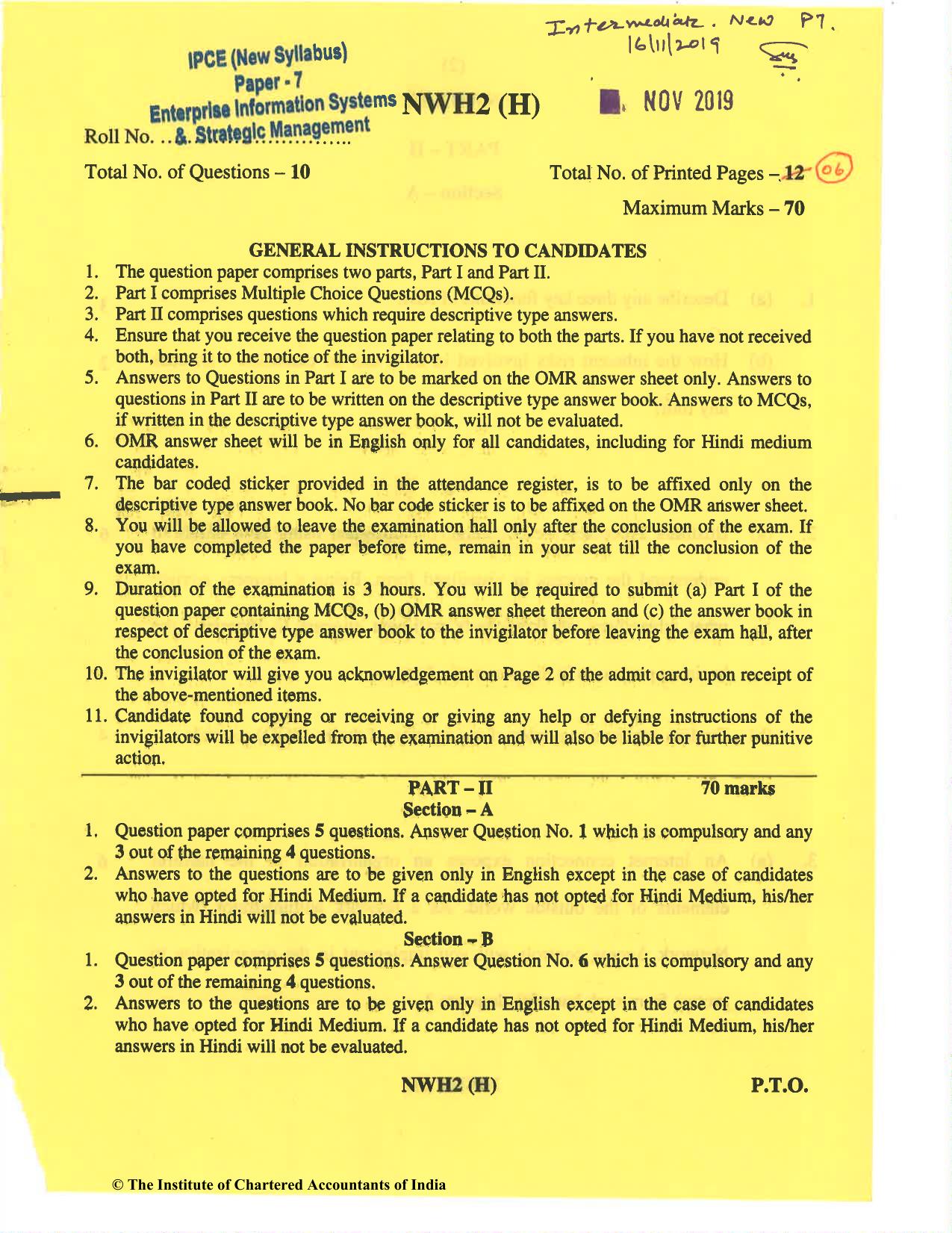 CA Inter Nov 2019 Question Paper - Paper 7 – Enterprise Information Systems & Strategic Management - Page 1