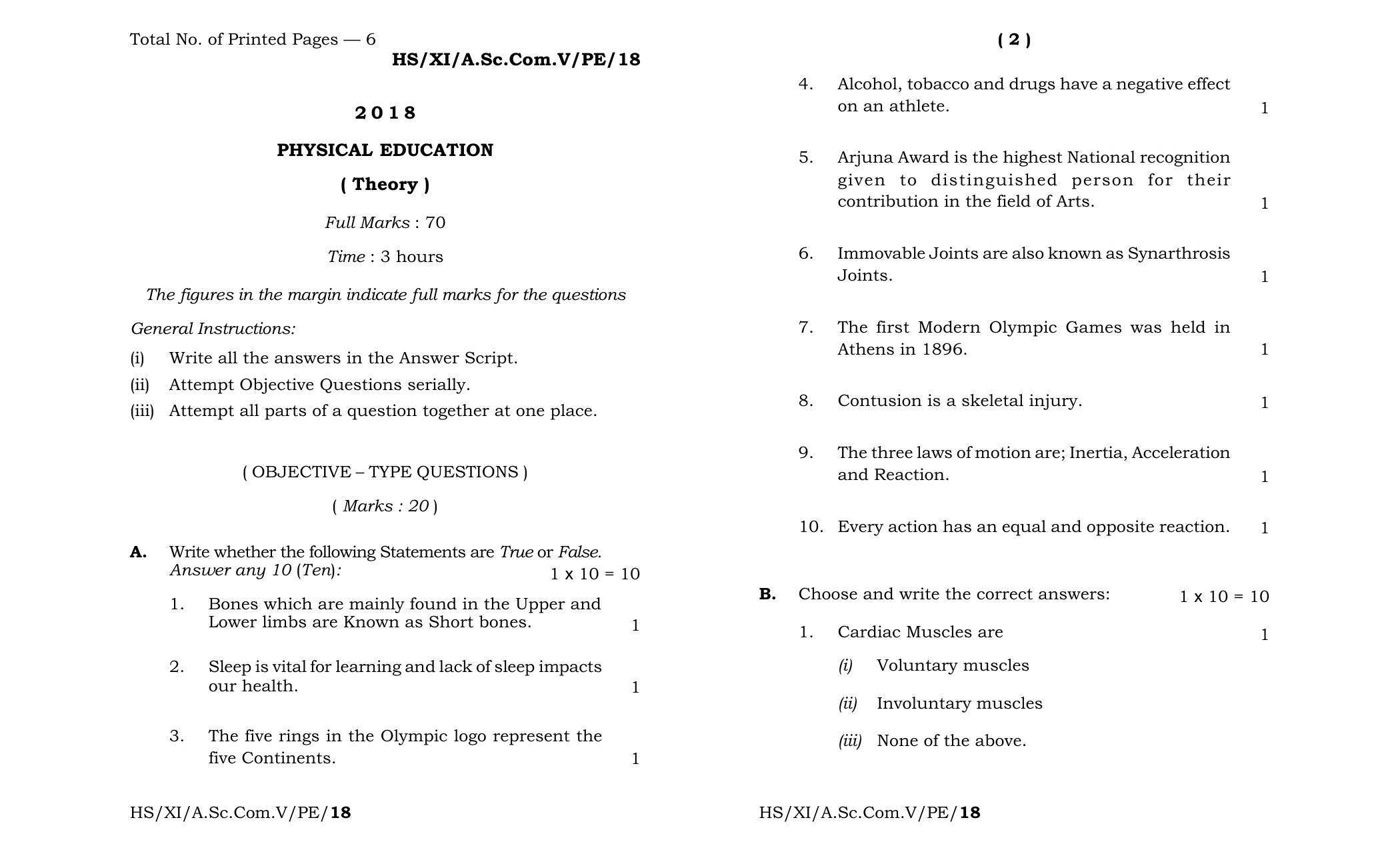 Meghalaya Board (MBOSE) Class 11 Physical_Education 2018 Question Paper - Page 1