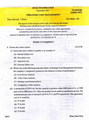 ICMAI Final December 2023 Question Paper - Strategic Cost Management