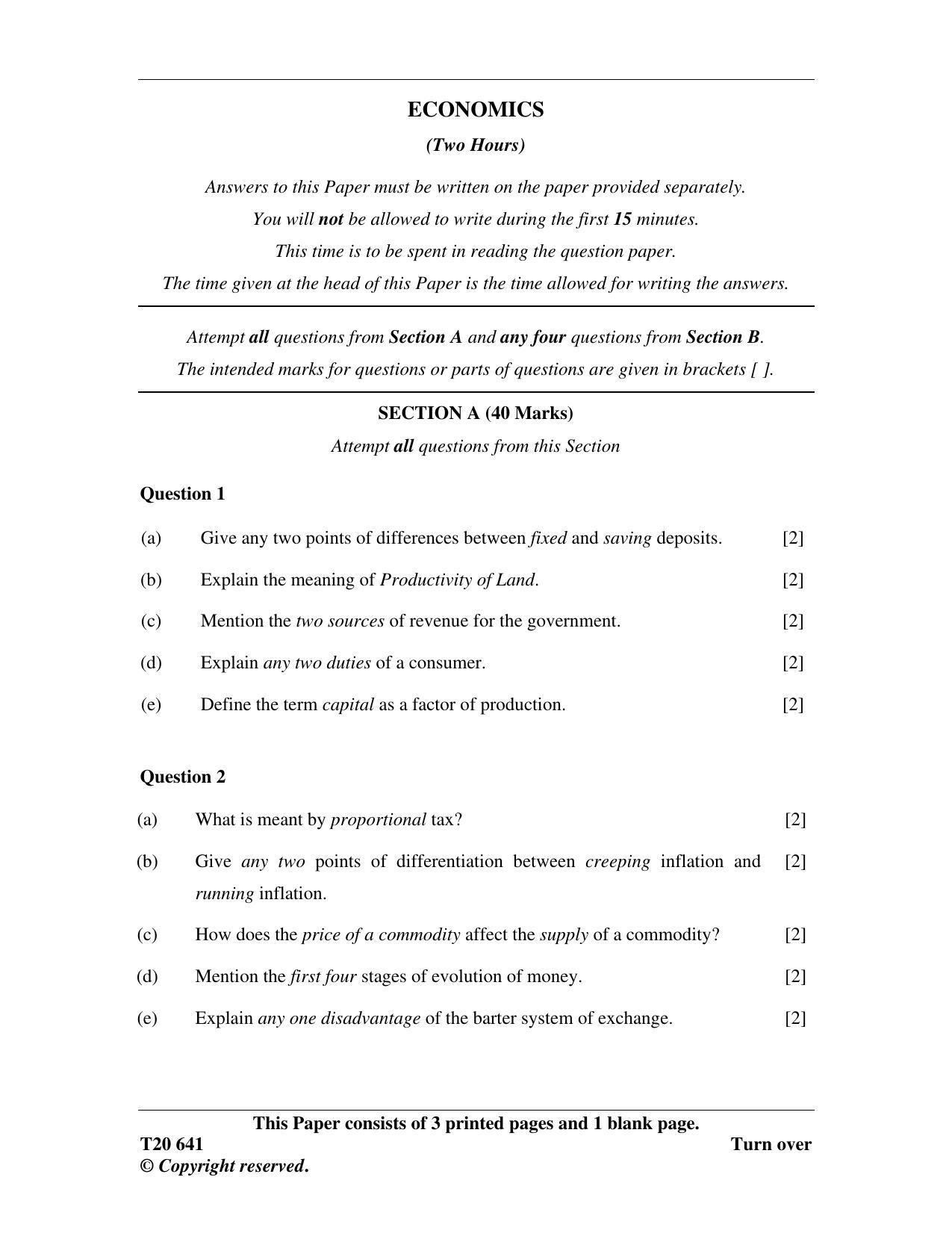 ICSE Class 10 Economics 2020 Question Paper - Page 1