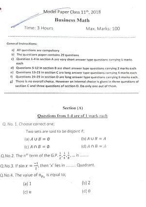 JKBOSE Class 11 Business Math Model Question Paper 2023