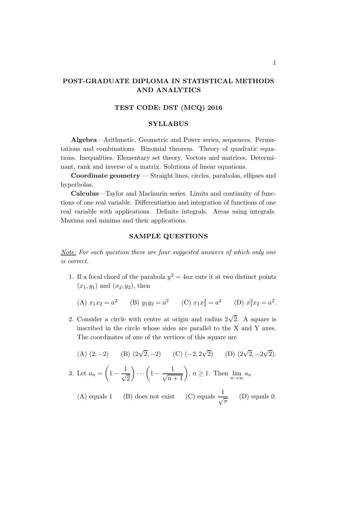 ISI Admission Test PG Diploma in Applied Statistics DST 2015 Sample Paper - Page 1