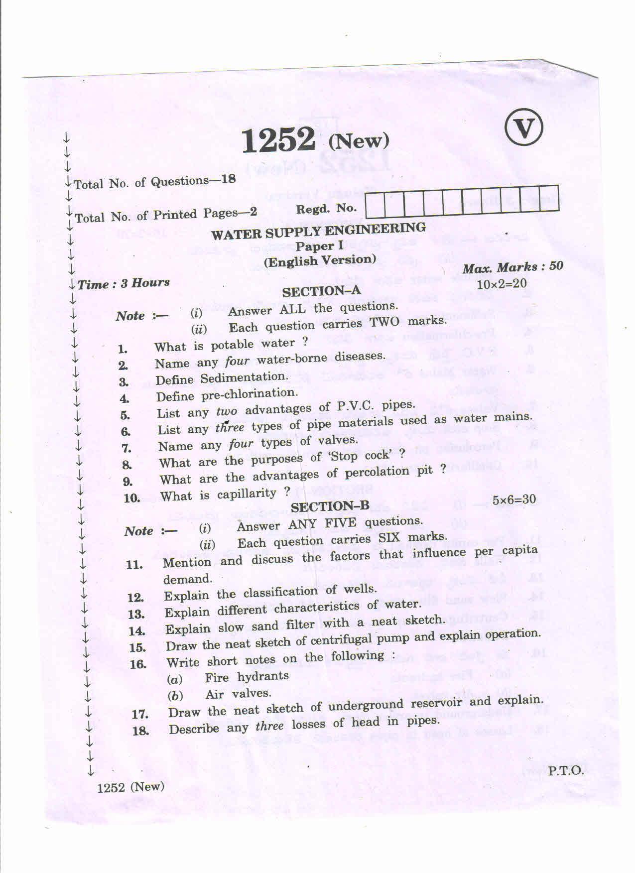 AP Inter 1st Year Water Supply Engineering-I March-2020-Vocational Question Paper - Page 1