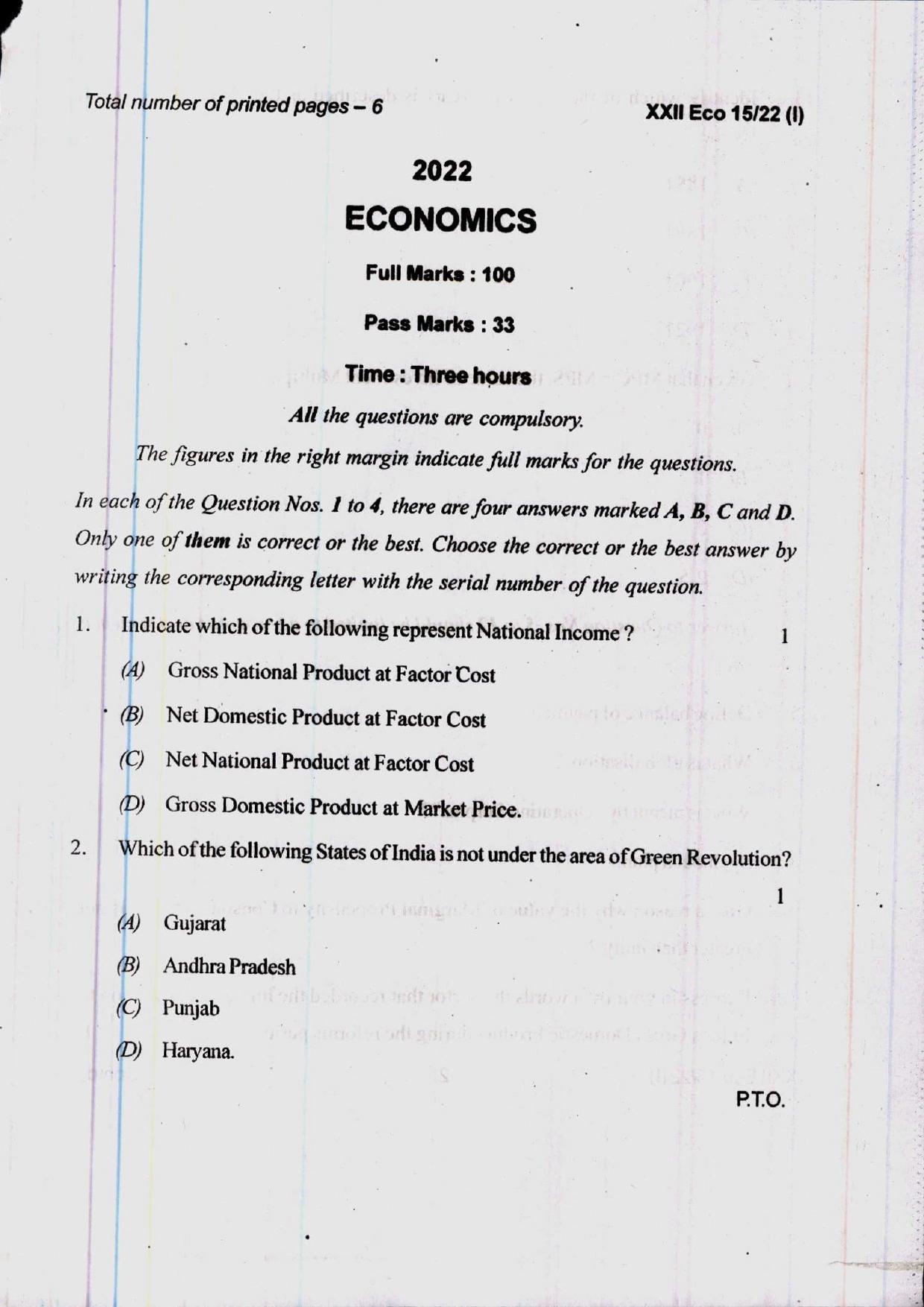 COHSEM 12th Question Papers Improvement 2022 Economics - Page 1