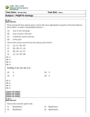 CUET (PG) 2022: PGQP-75 Zoology (09-09-2022) Question Paper