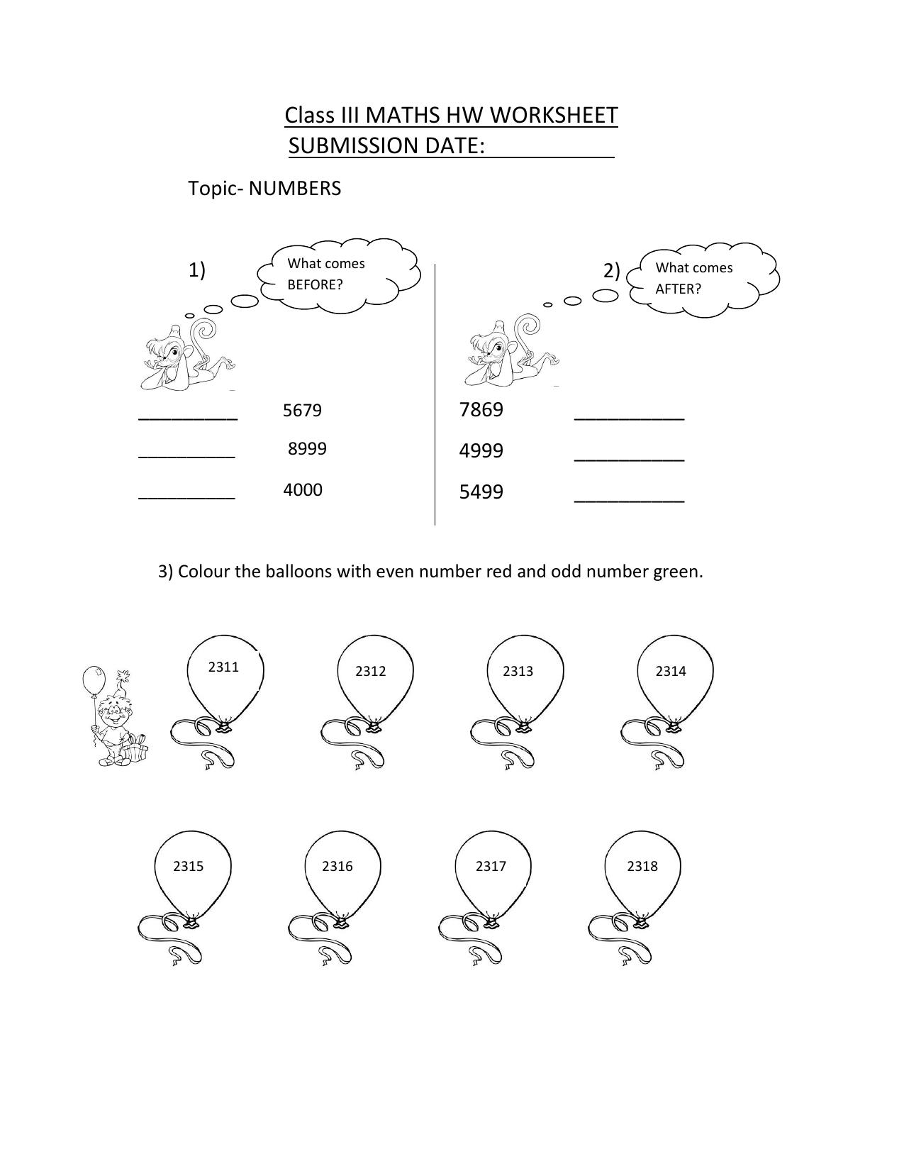 Worksheet for Class 3 Mathematics Numbers Assignment - Page 1