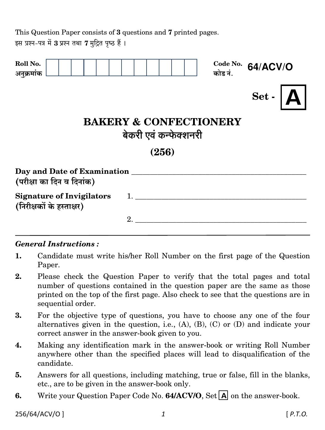 NIOS October 2022 Class 10 Bakery & Confectionery Question Paper - Page 1