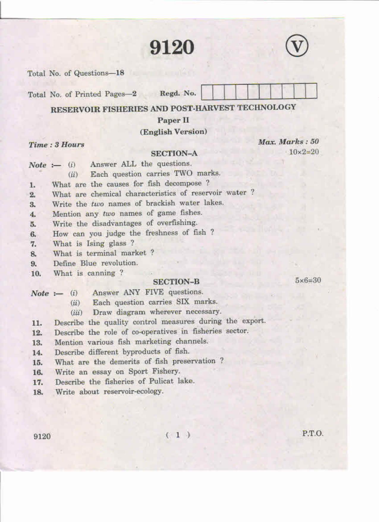 AP Inter 2nd Year Reservoir Fisheries and Post-Harvest Technology-II May-2019-Vocational Question Paper - Page 1