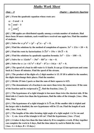 CBSE Worksheets for Class 10 Maths Quadratic Equation Assignment 8