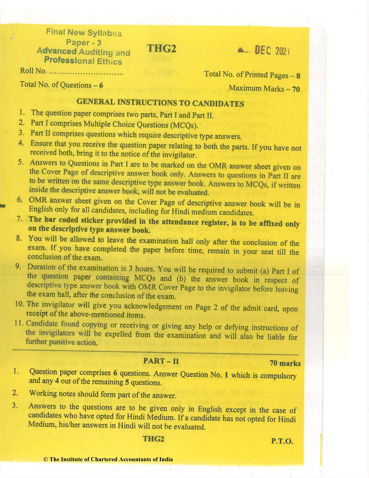 CA Final Dec 2021 Question Paper - Paper 3 – Advanced Auditing and Professional Ethics - Page 1