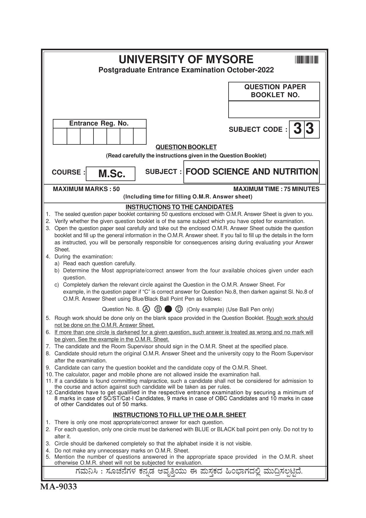 Mysore University PG Entrance Exam 2022: M.Sc. Food Science and Nutrition Question Paper - Page 1