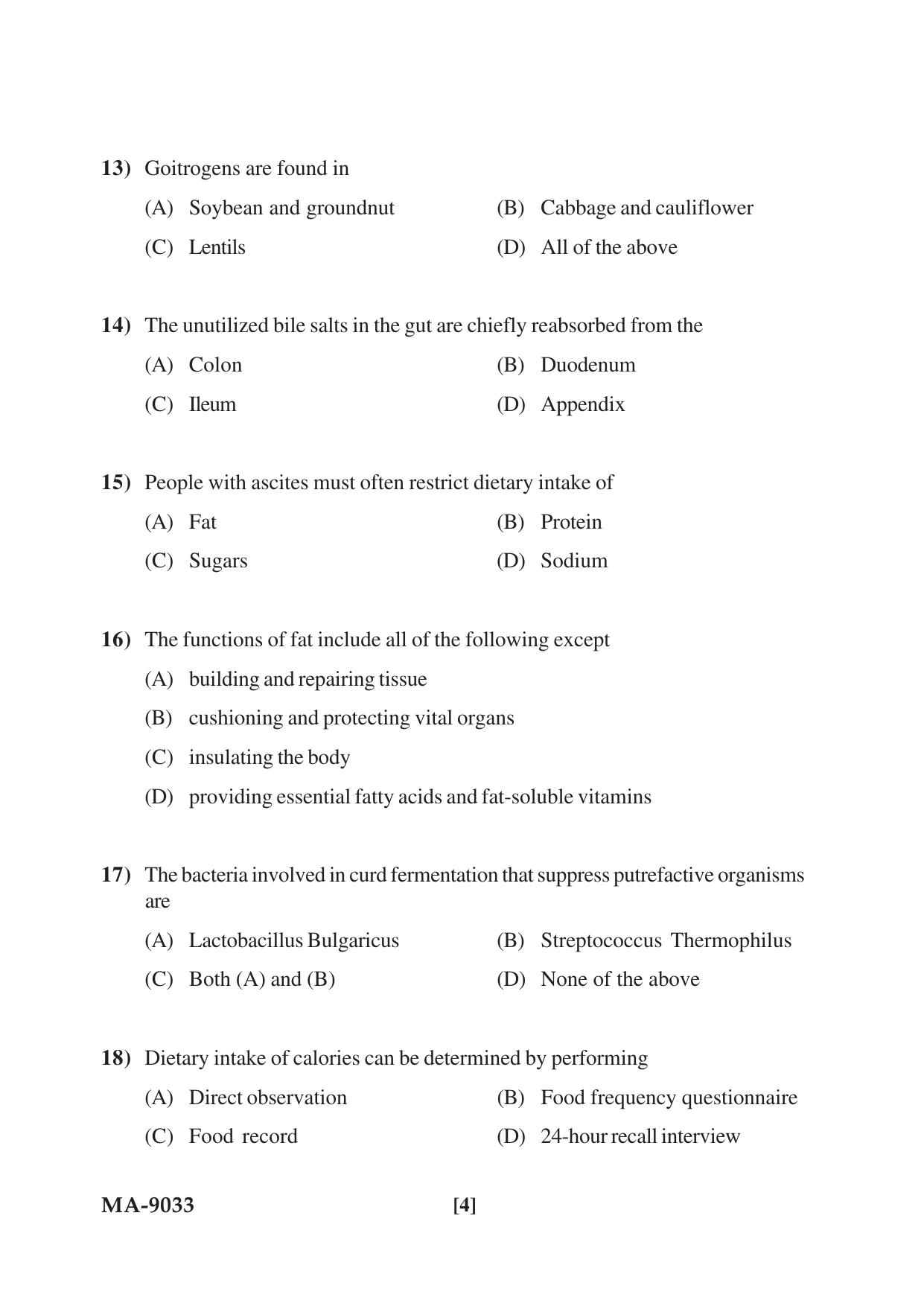 Mysore University PG Entrance Exam 2022: M.Sc. Food Science and Nutrition Question Paper - Page 4