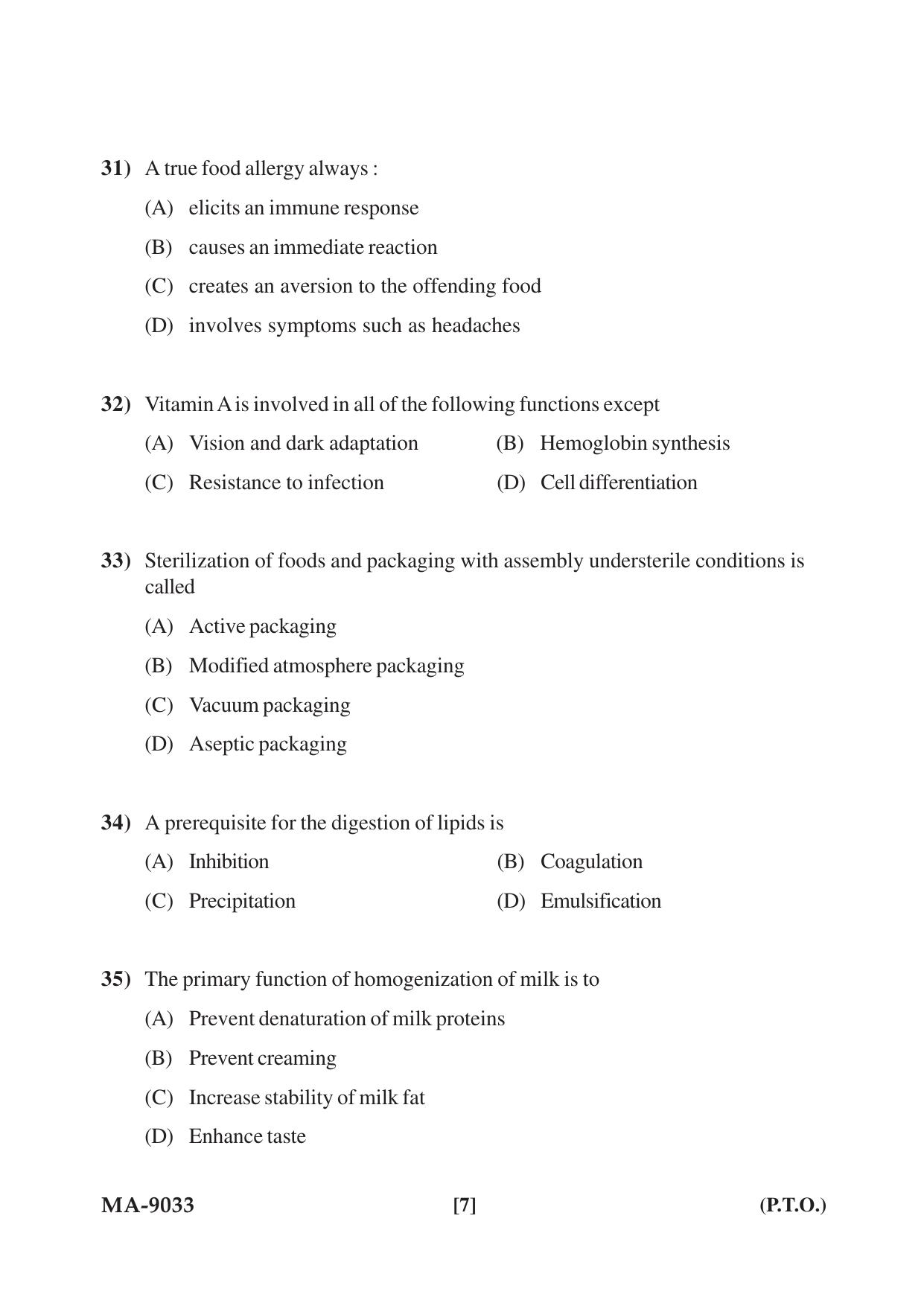 Mysore University PG Entrance Exam 2022: M.Sc. Food Science and Nutrition Question Paper - Page 7