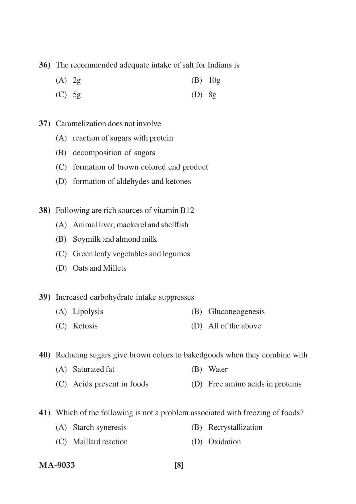 Mysore University PG Entrance Exam 2022: M.Sc. Food Science and Nutrition Question Paper - Page 8