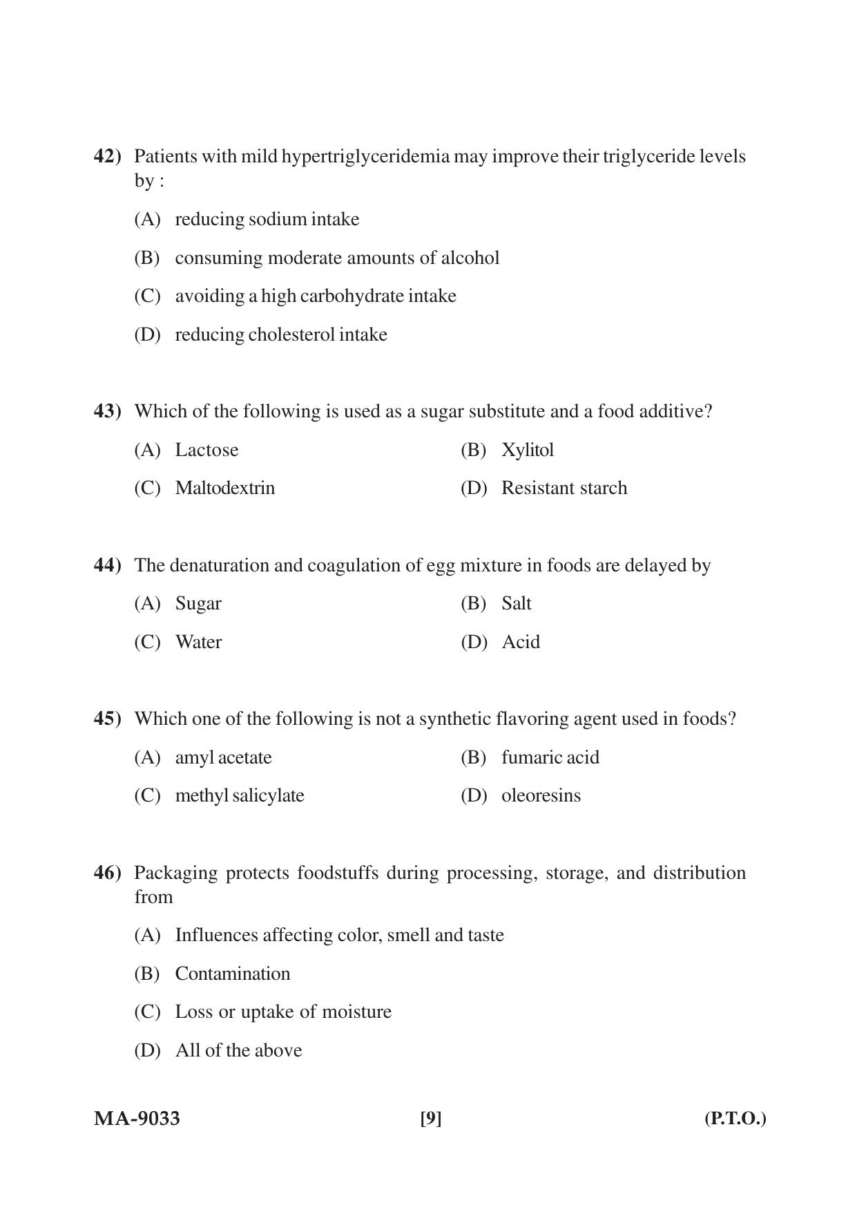Mysore University PG Entrance Exam 2022: M.Sc. Food Science and Nutrition Question Paper - Page 9