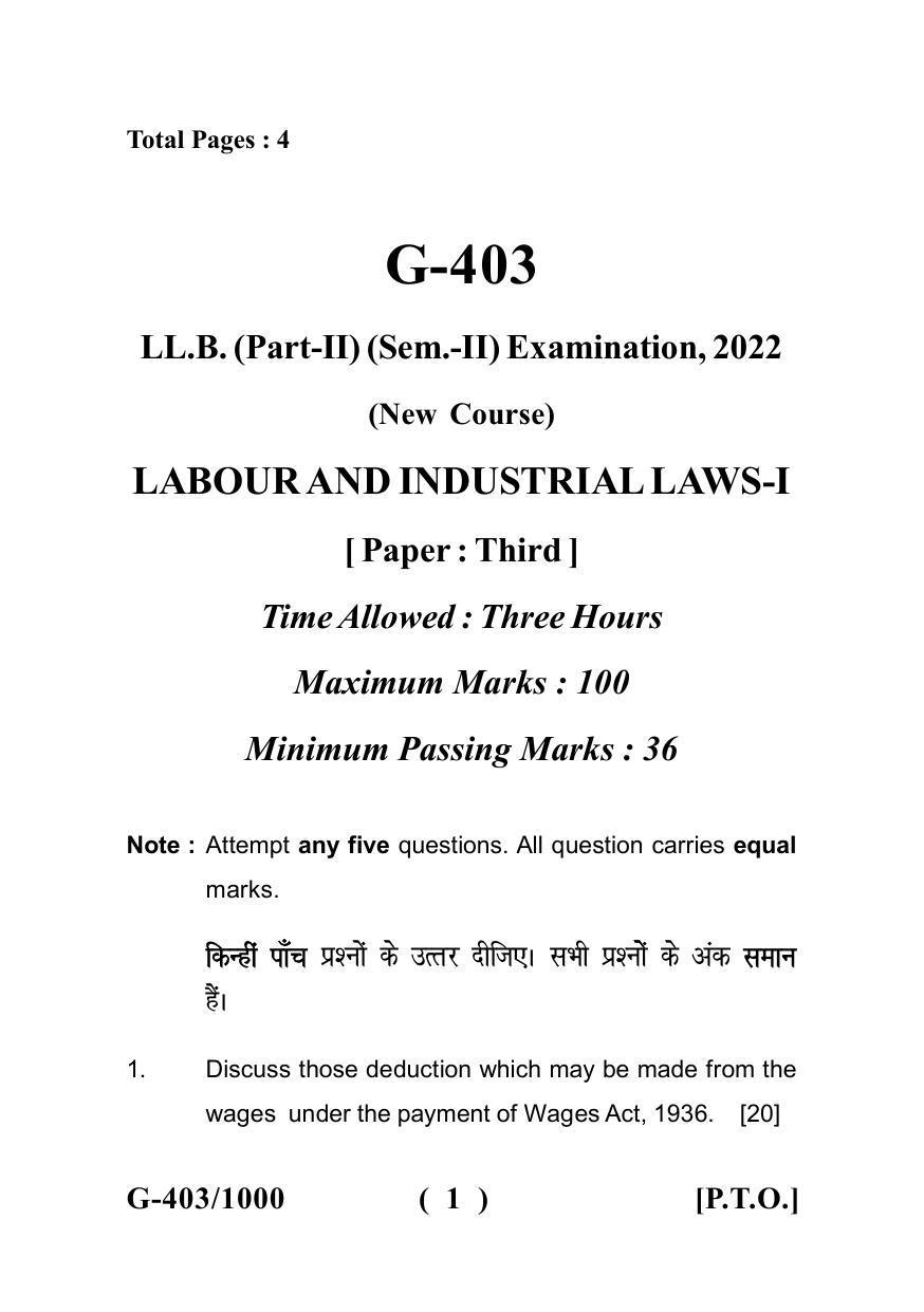 Sarguja University Question Paper July-2022 : LL.B. Part Two (Sem.-II)(New Course) Labour & Industrial Laws-I Paper 1 - Page 1