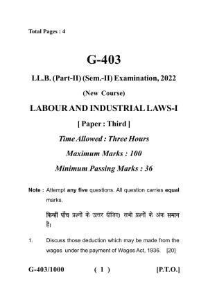Sarguja University Question Paper July-2022 :   LL.B. Part Two (Sem.-II)(New Course) Labour & Industrial Laws-I Paper 1
