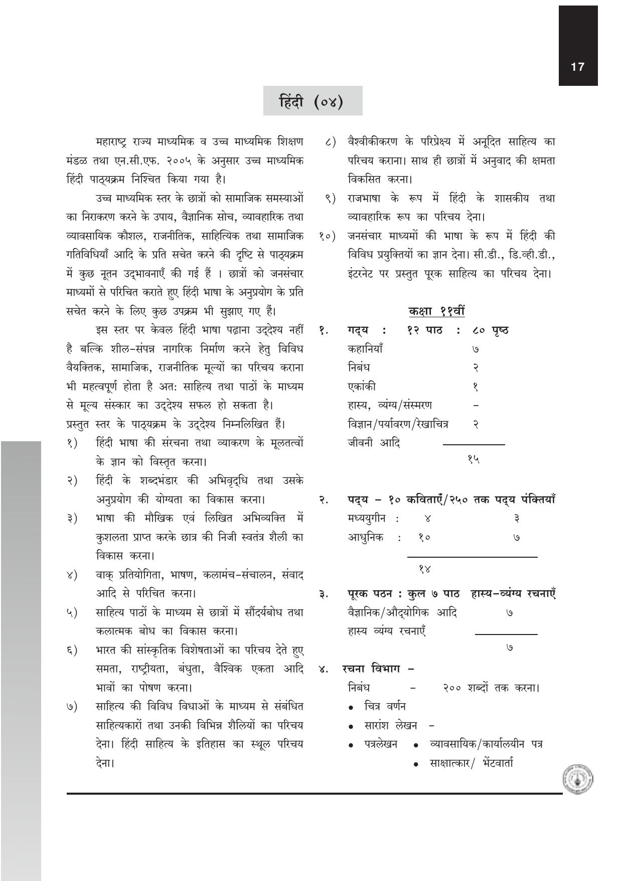 Maharashtra HSC Hindi Syllabus  - Page 1