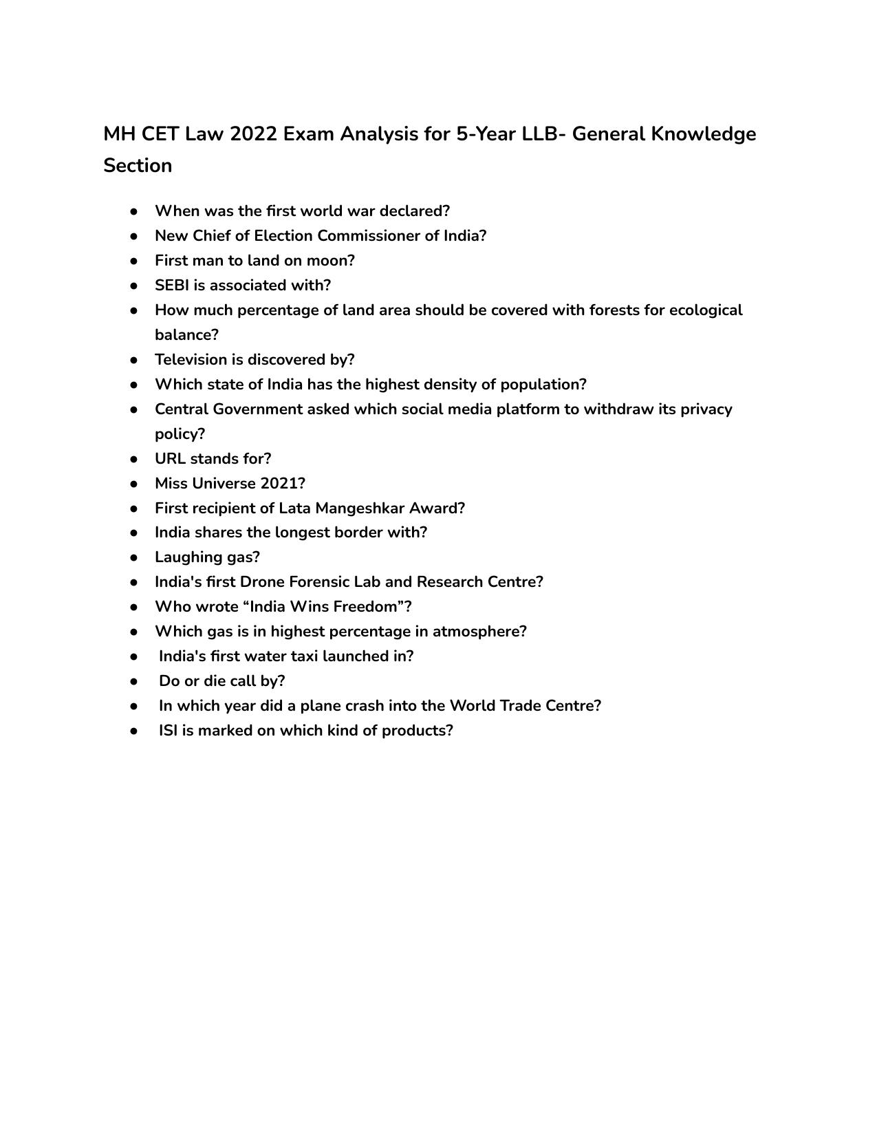 MH CET Law 2022 Question Paper for General Knowledge (Slot 2