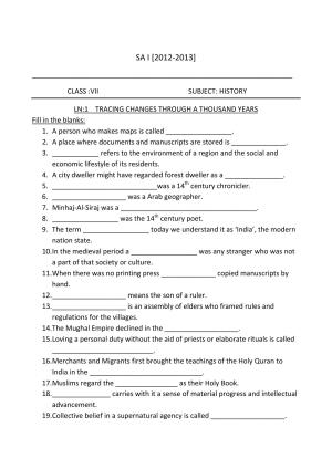 CBSE Worksheets for Class 7 Geography Tracing Changes Through A Thousand Years Assignment 2