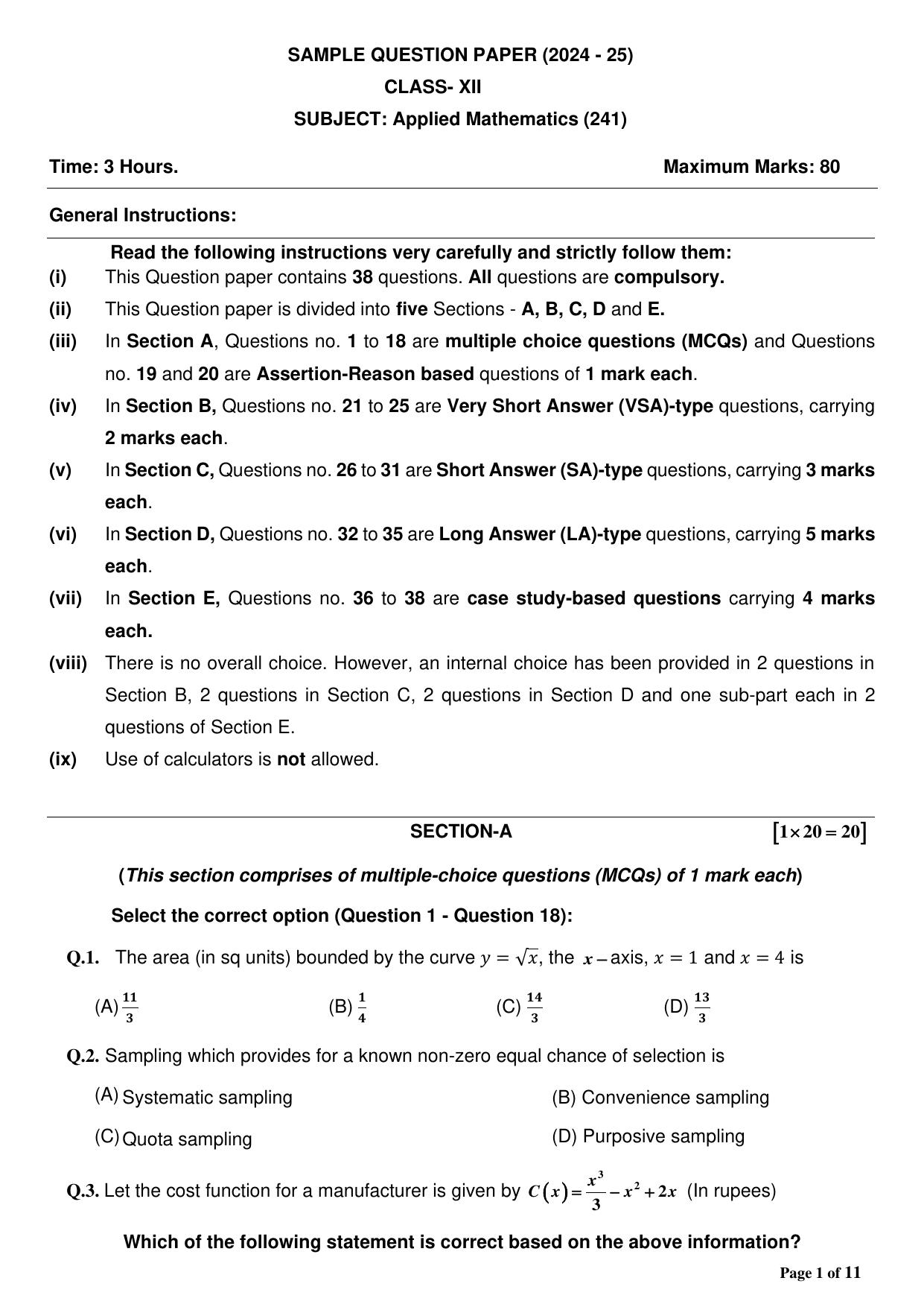 CBSE Class 12 Applied Mathematics Sample Question Paper 2024-25 - Page 1