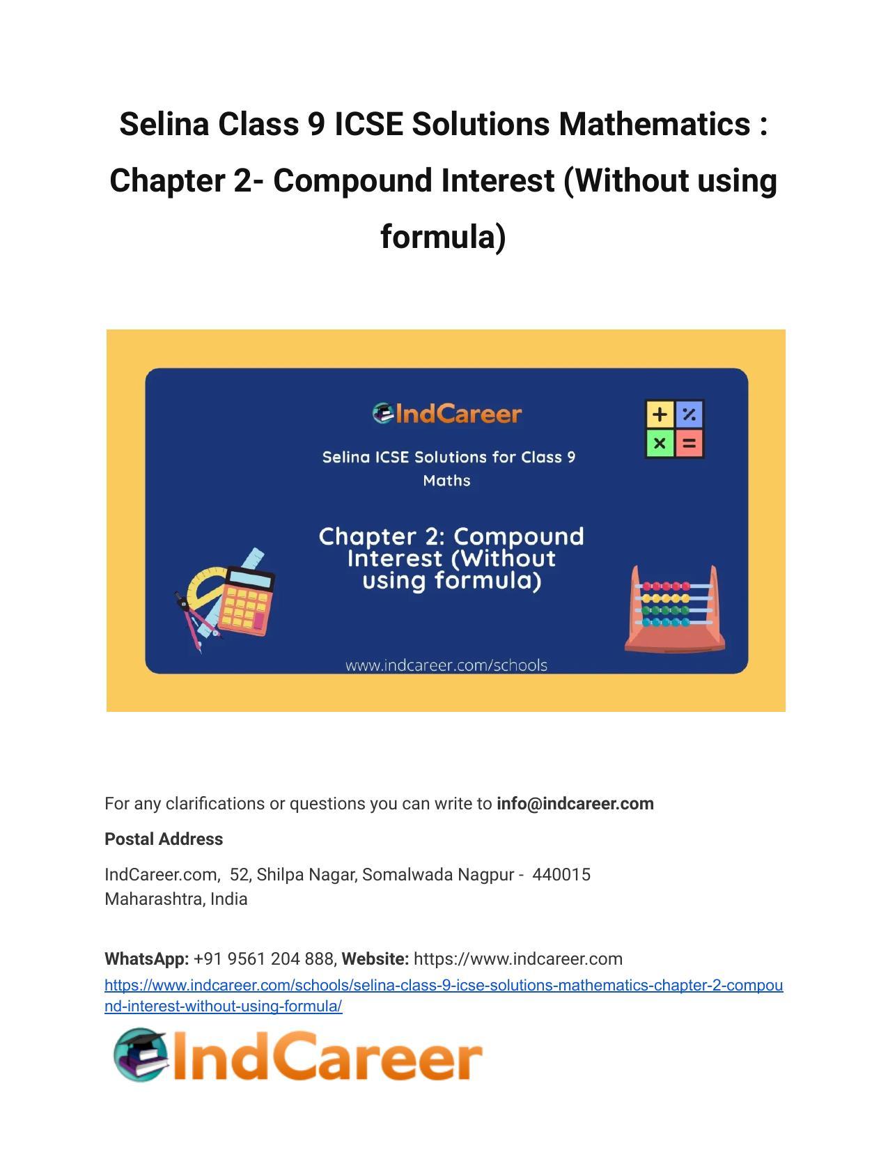 Selina Class 9 ICSE Solutions Mathematics : Chapter 2- Compound Interest (Without using formula) - Page 1