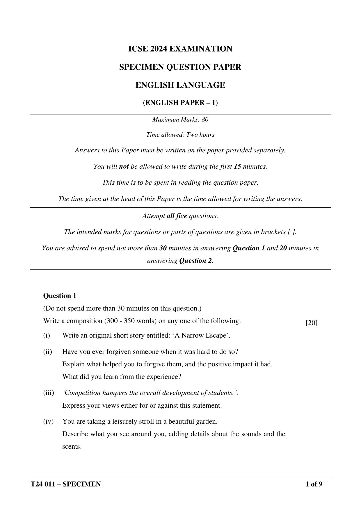 ICSE Class 10  2024 English Language (English Paper – 1) Sample Paper - Page 1