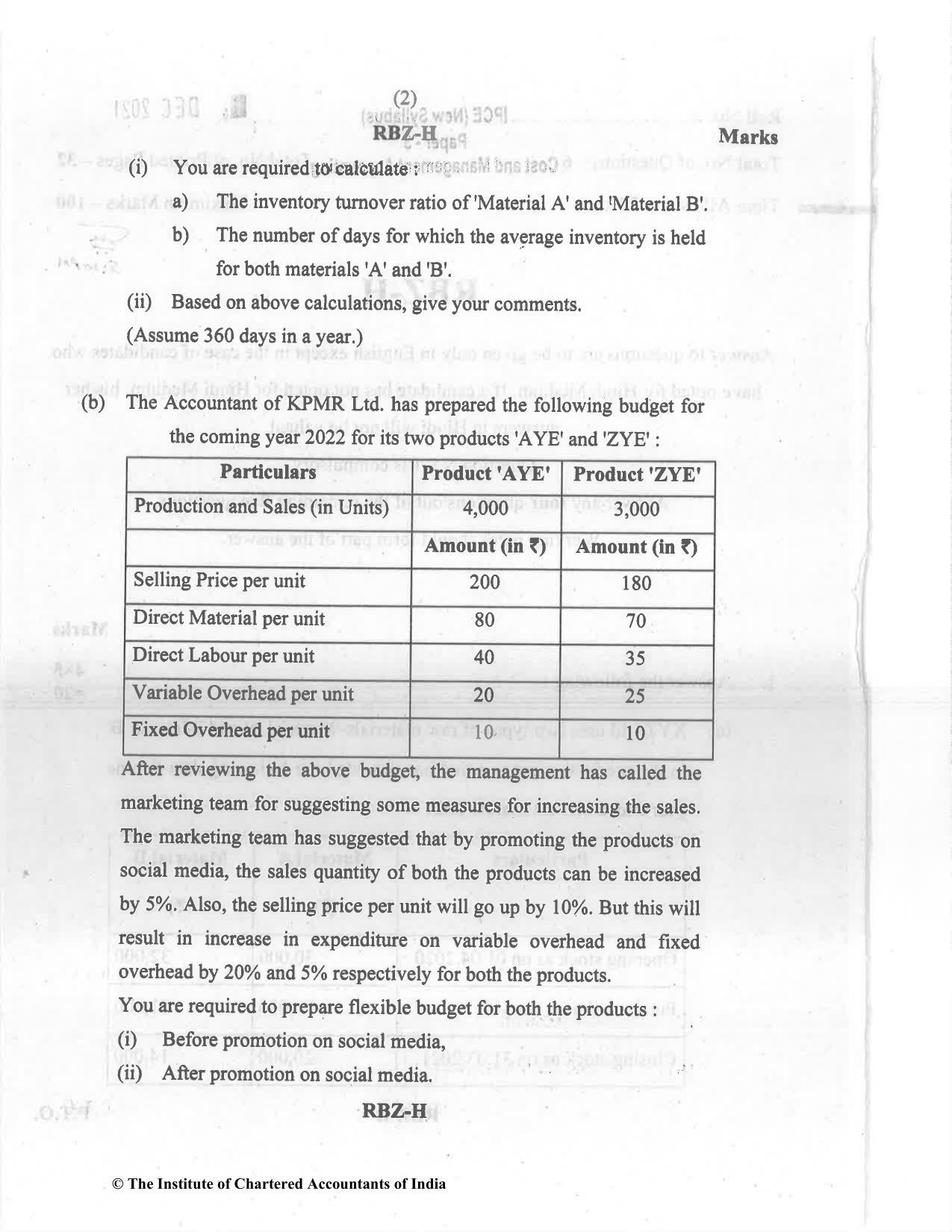 CA Inter Dec 2021 Question Paper - Paper 3 – Cost and Management Accounting - Page 2