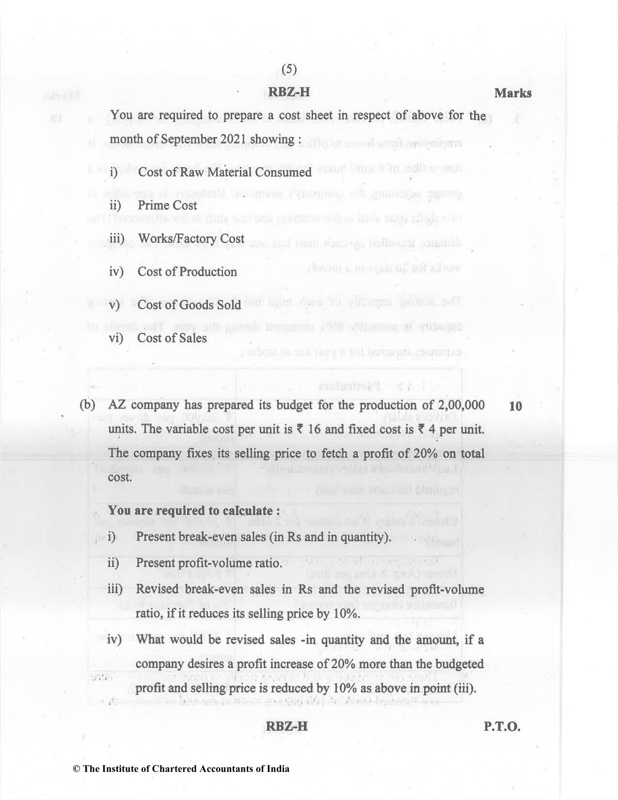 CA Inter Dec 2021 Question Paper - Paper 3 – Cost and Management Accounting - Page 5