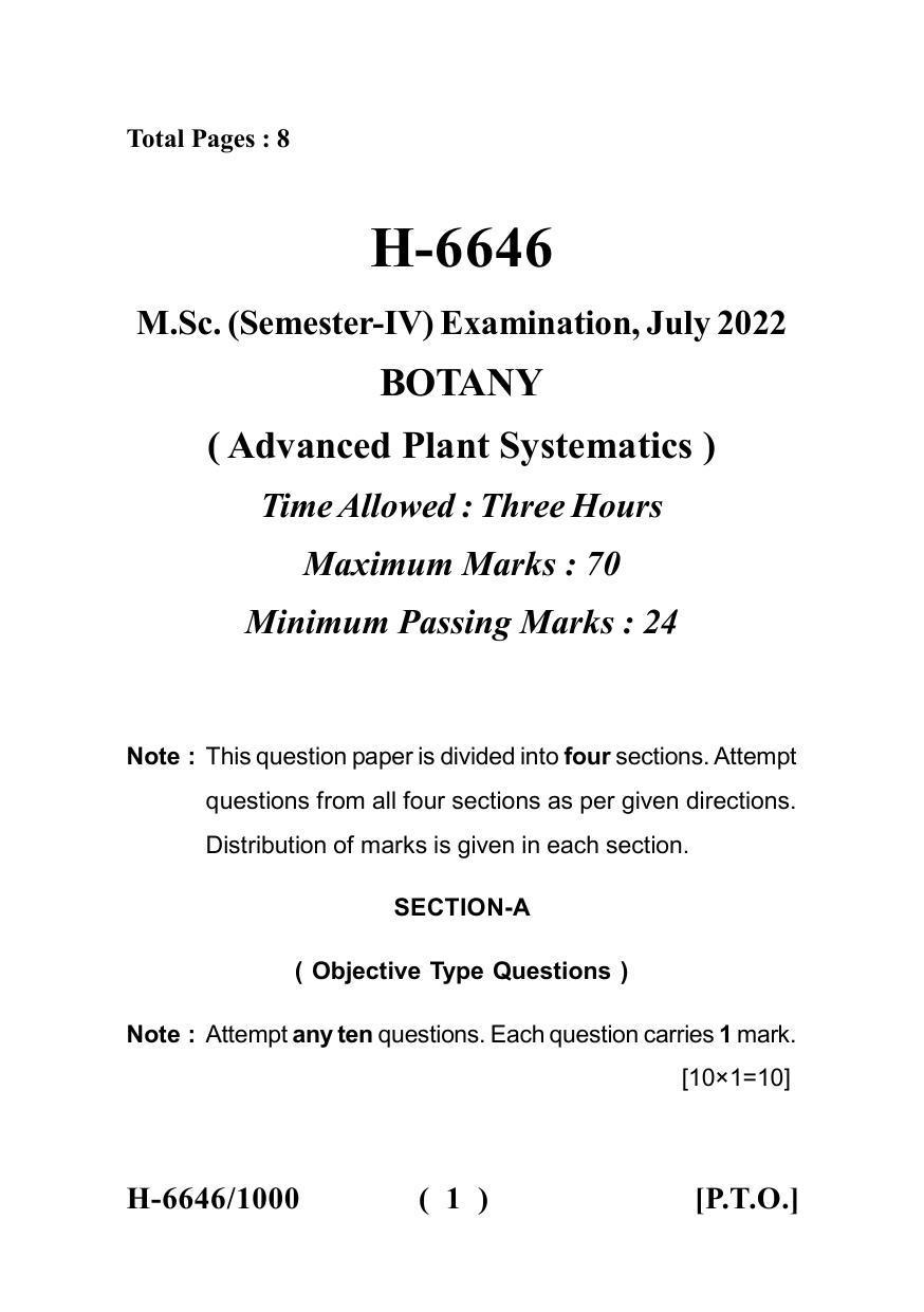 Sarguja University Question Paper July-2022 : M.Sc.In Botany (Fourth sem.) Advanced Plant Systematic Paper 1 - Page 1