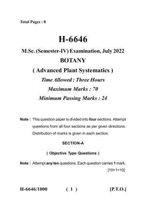 Sarguja University Question Paper July-2022 :  M.Sc.In Botany (Fourth sem.) Advanced Plant Systematic Paper 1