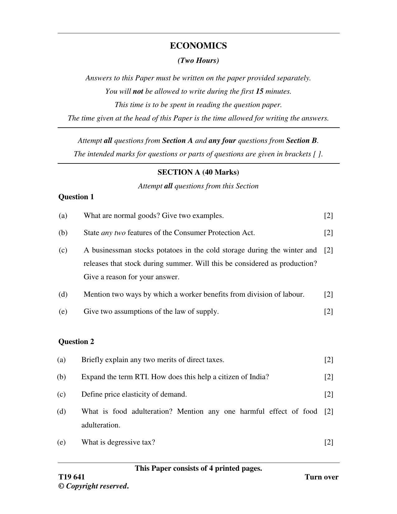 ICSE Class 10 Economics 2019 Question Paper - Page 1