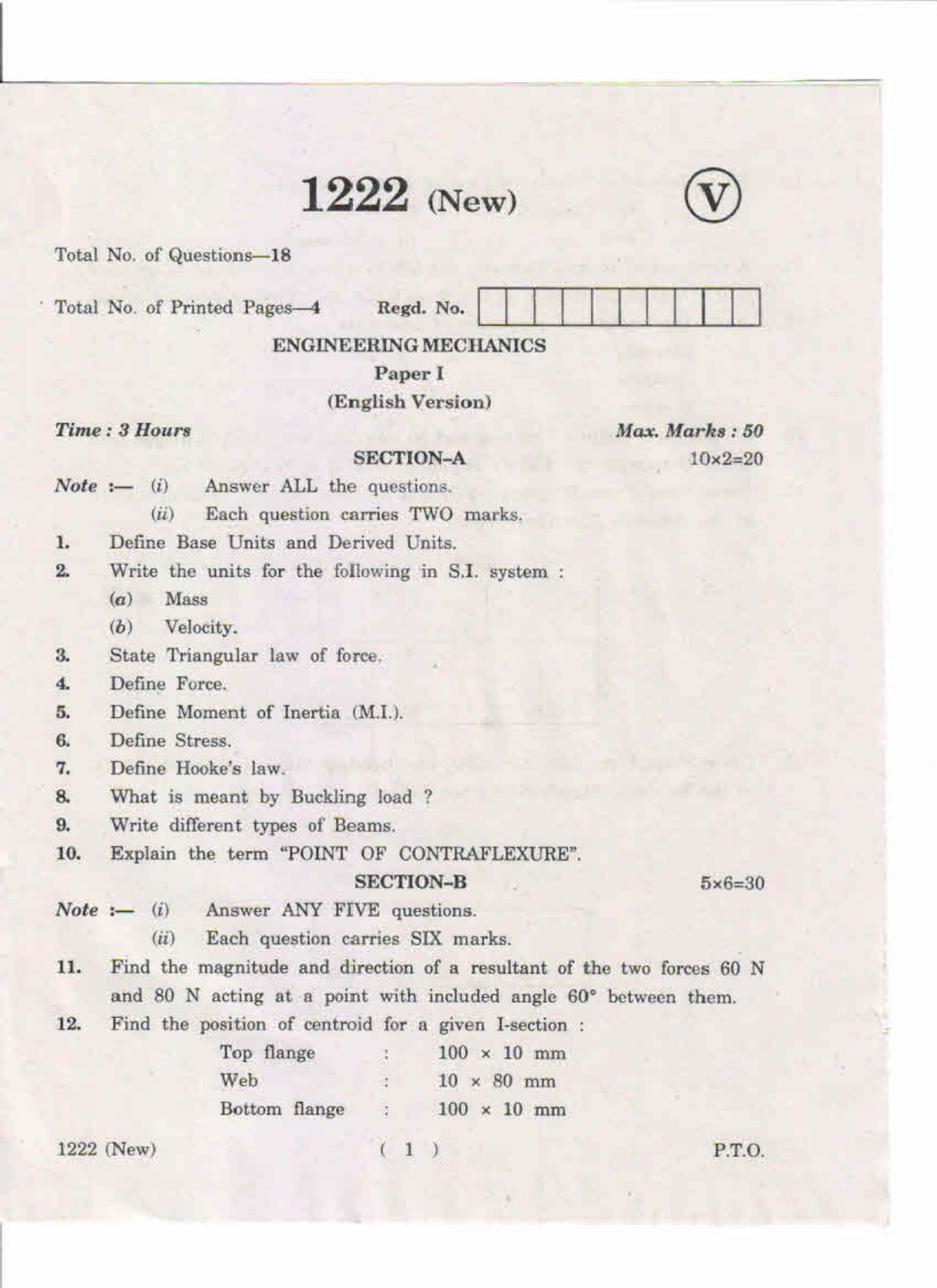 AP Inter. 2nd Year Vocational Question Paper May – 2019 - Engineering Mechanics-I(New) - Page 1