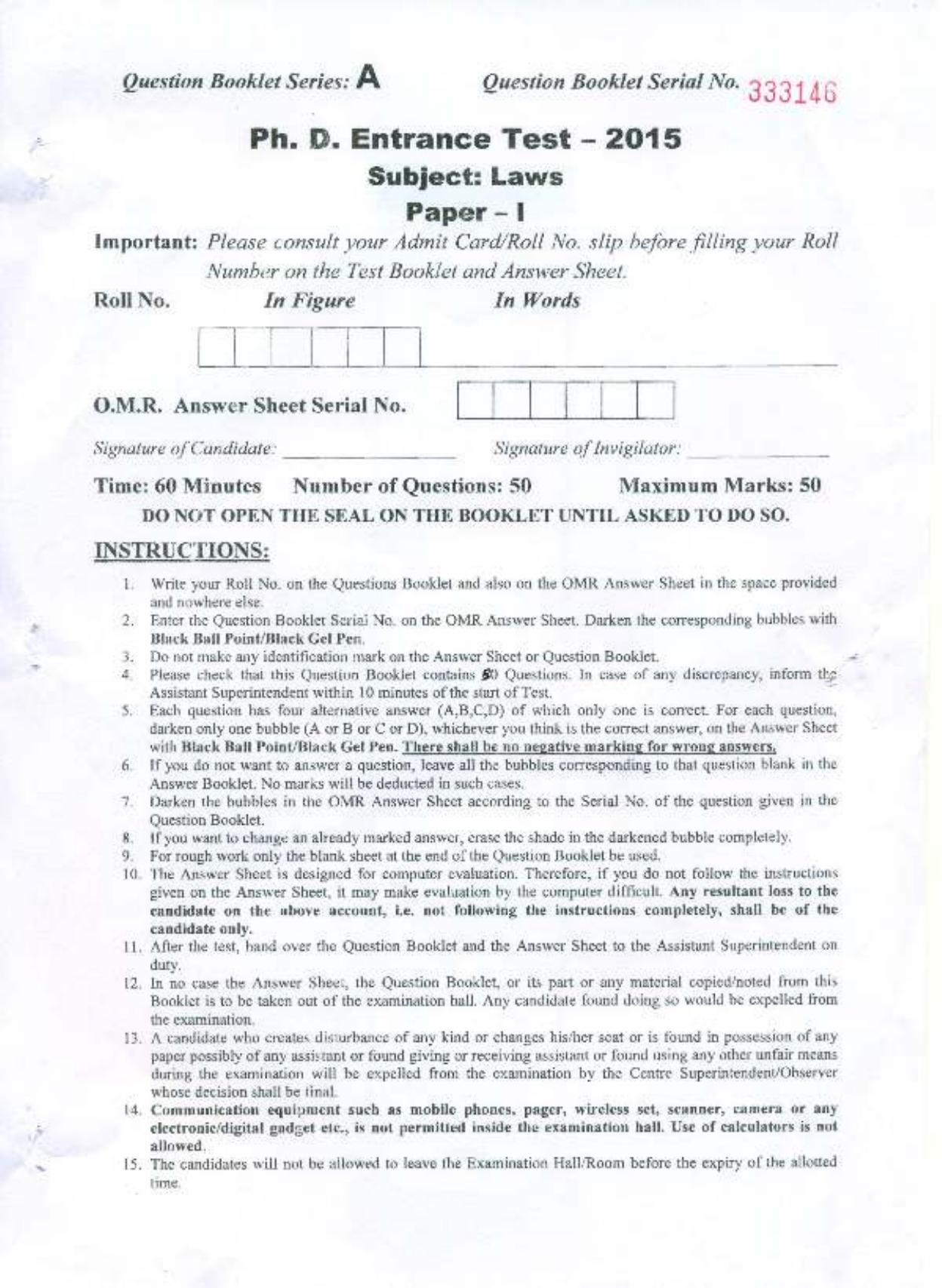 PU MPET Laws 2015 Question Paper - Page 1