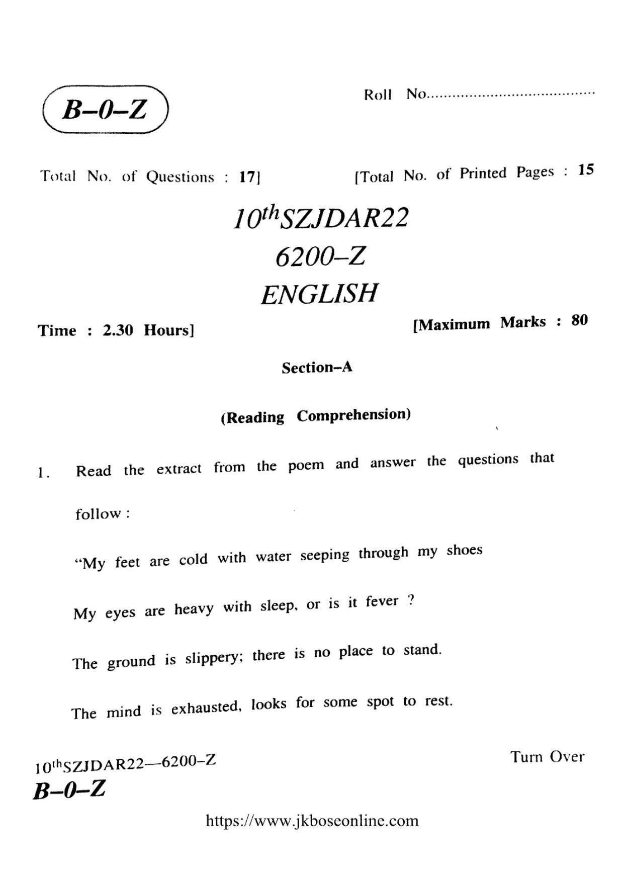JKBOSE CLASS 10 English (6200-Z) 2022 - Page 1