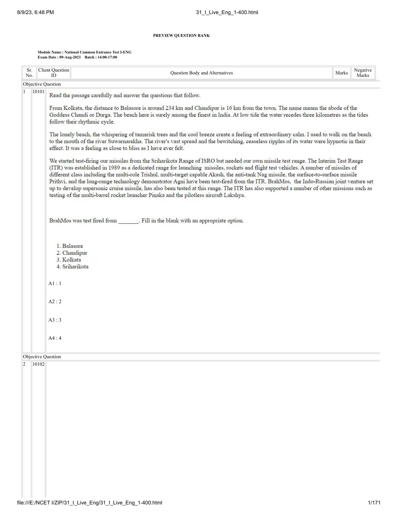 NCET 2023 Question Paper (English Q 1-400) - Page 1
