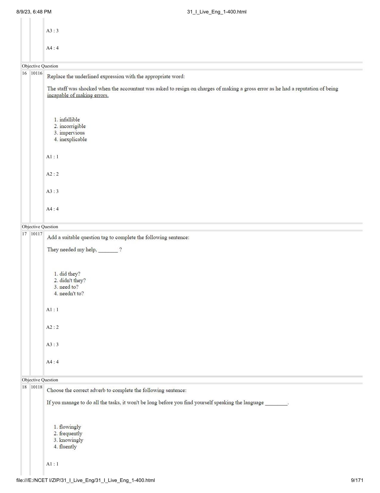 NCET 2023 Question Paper (English Q 1-400) - Page 9