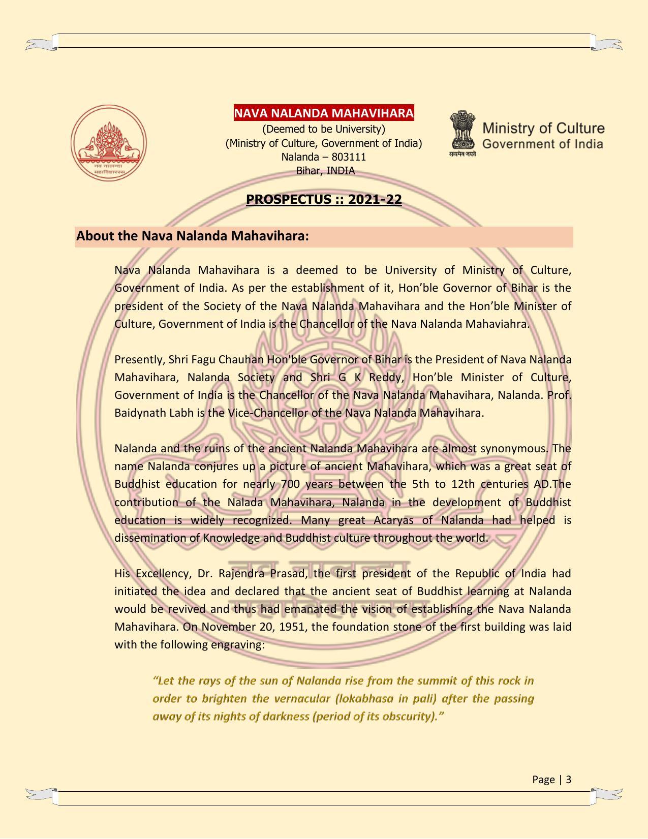 Nava Nalanda Mahavihara, Nalanda Prospectus 2021-22 - Page 3