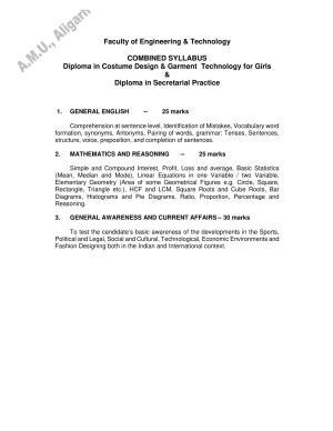 AMU Entrance Exam: Dip in Secretarial Practice / Dip in Costume Design & Garment Tech Syllabus