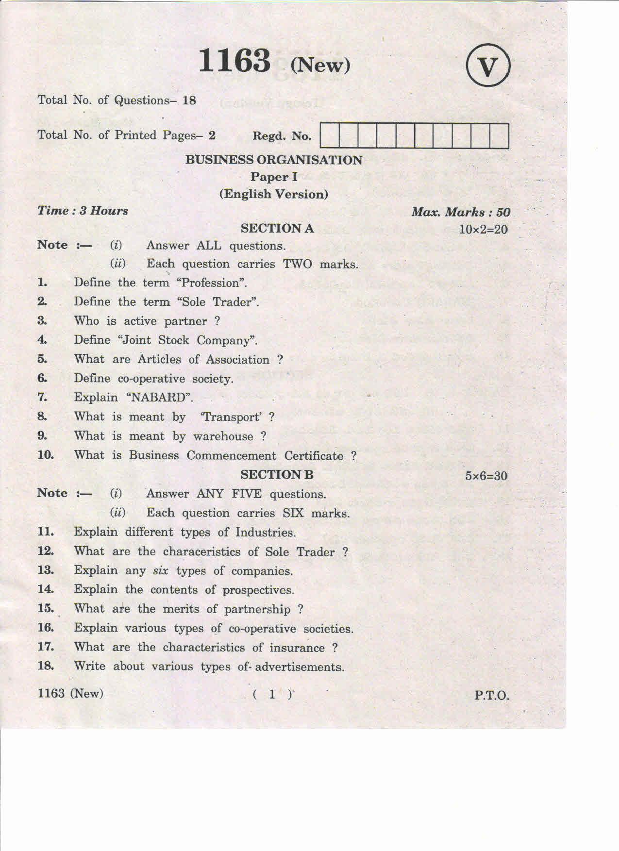 AP Inter. 2nd Year Vocational Question Paper May – 2019 - Business Organisation-I (New) - Page 1