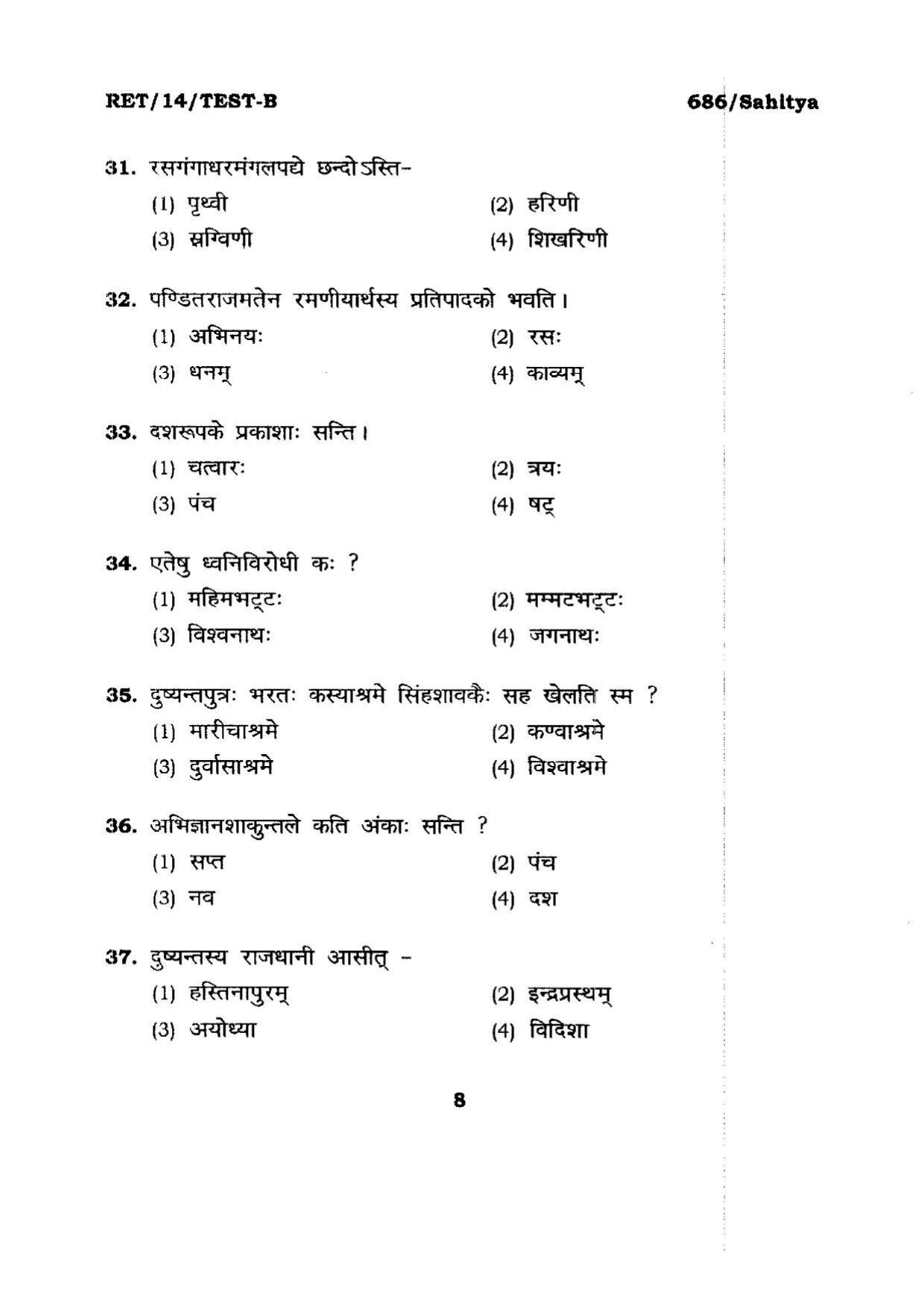 BHU RET Sahitya 2014 Question Paper - Page 8