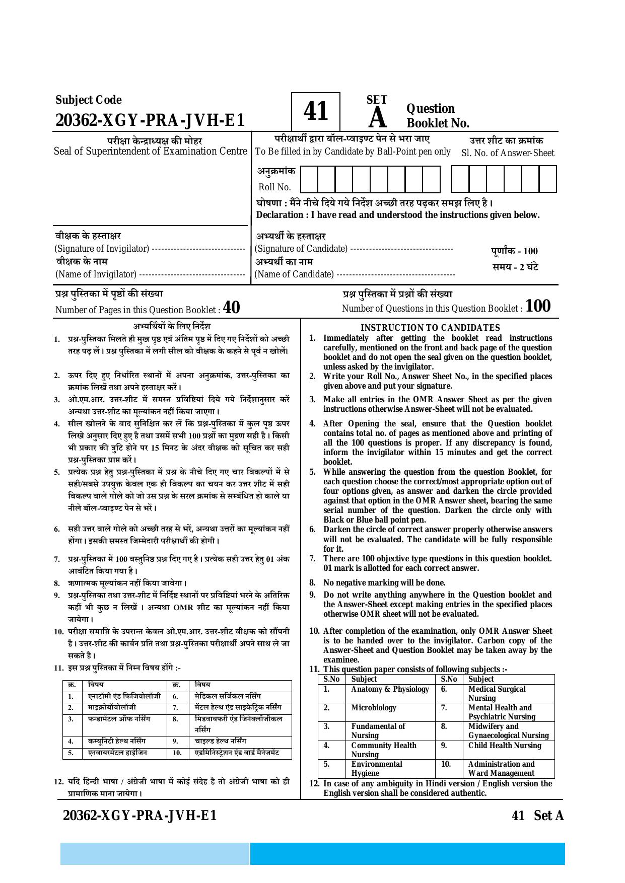 CG Post Basic B.Sc Nursing 2023 Question Paper - Page 1