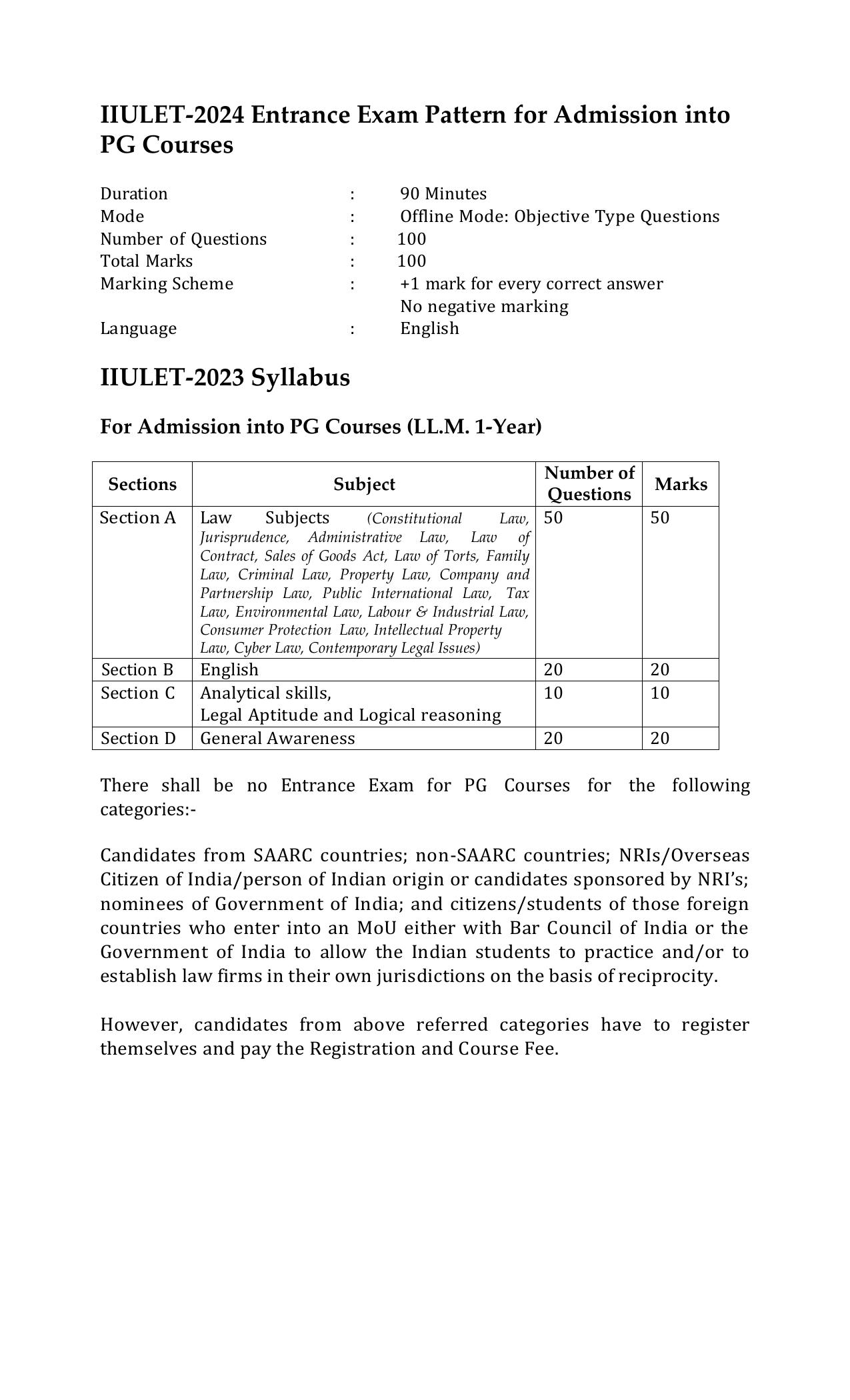 IIULET 2024 Exam and PG Syllabus Pattern - Page 1